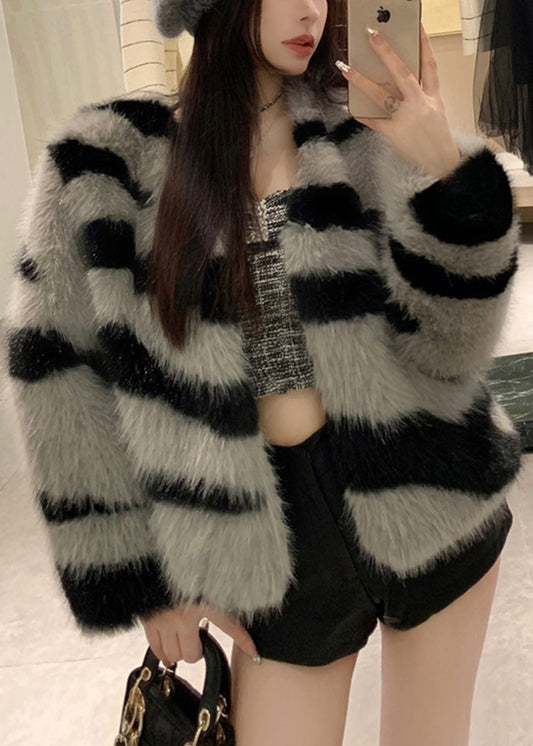 Women Grey V Neck Striped Fuzzy Fur Fluffy Coat Winter RH036 ABC