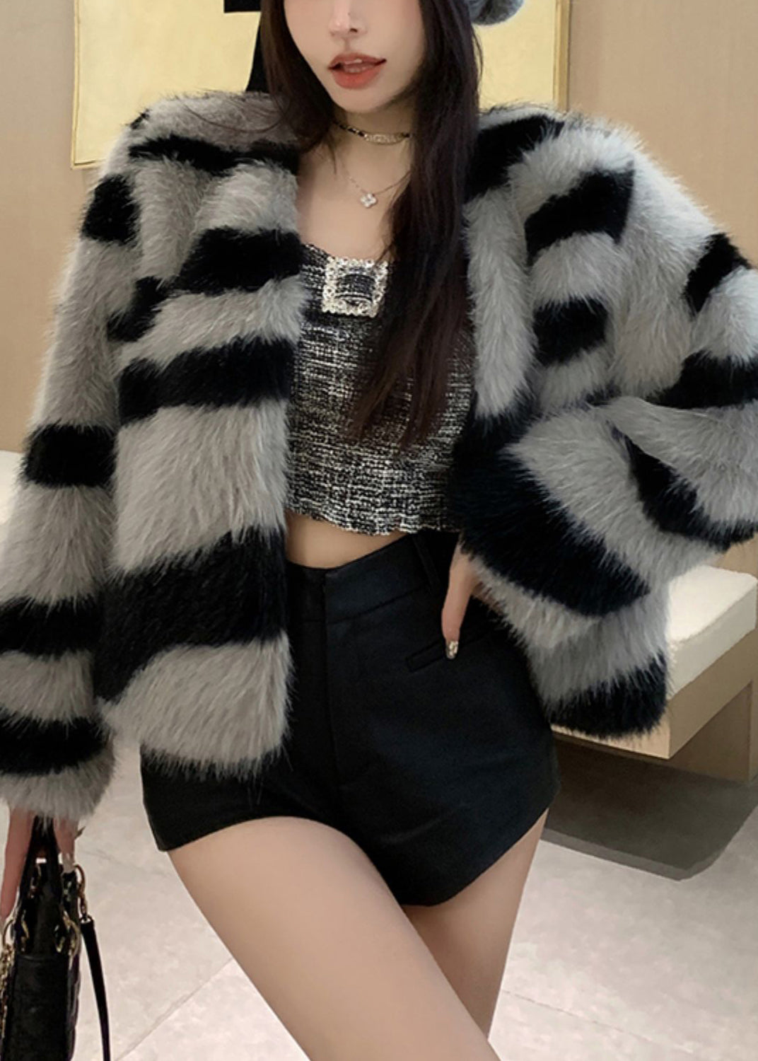 Women Grey V Neck Striped Fuzzy Fur Fluffy Coat Winter RH036 ABC