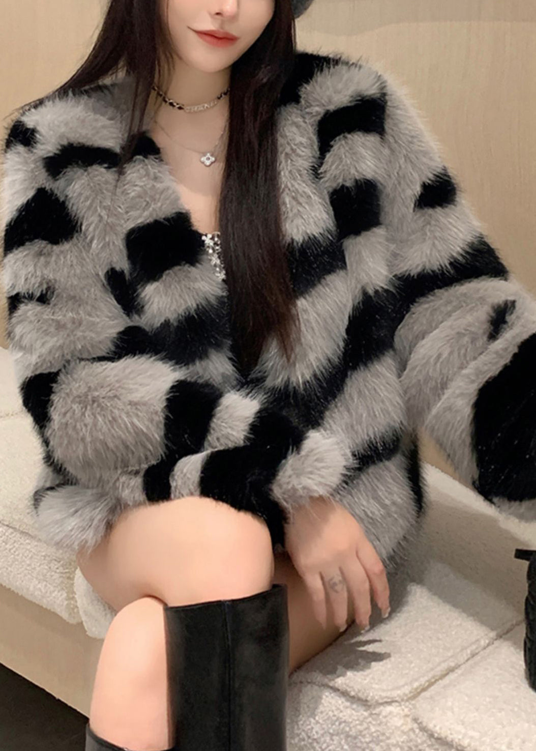 Women Grey V Neck Striped Fuzzy Fur Fluffy Coat Winter RH036 ABC