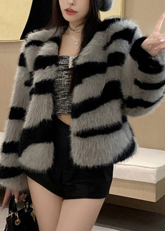 Women Grey V Neck Striped Fuzzy Fur Fluffy Coat Winter RH036 ABC