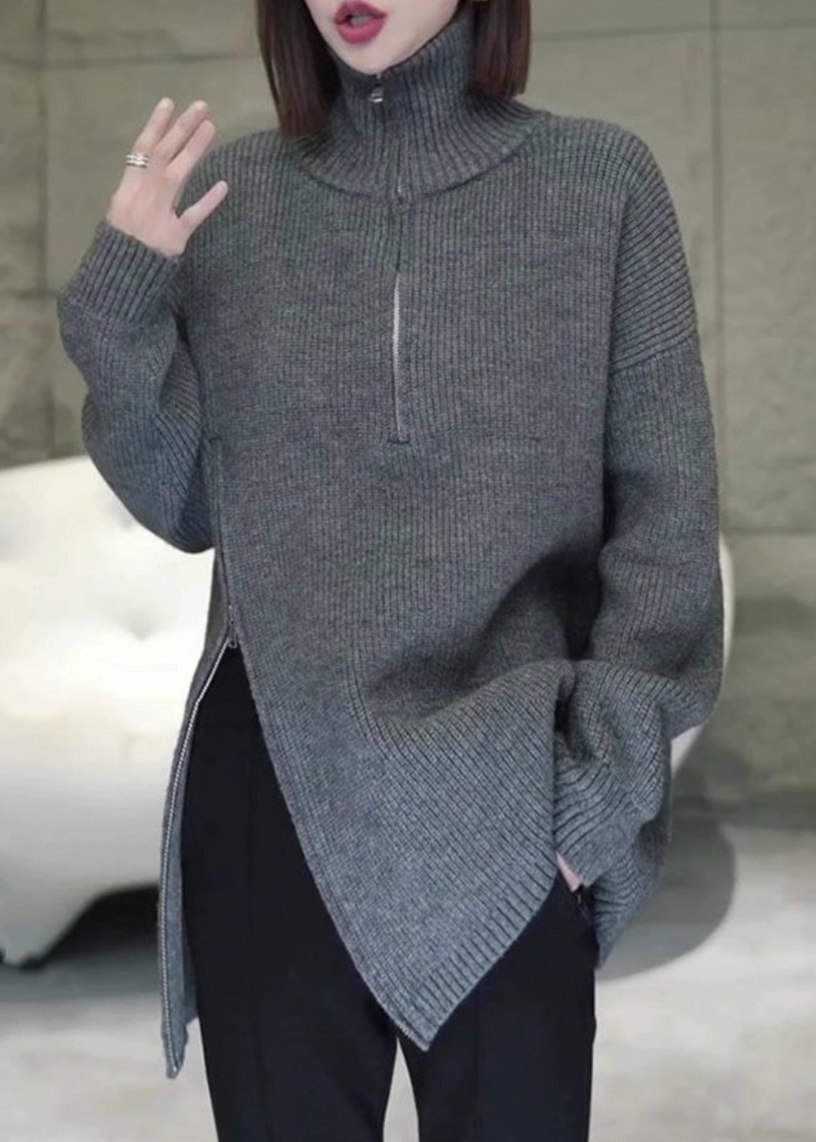 Women Grey Zip Up Asymmetrical Loose Knit Sweaters Spring YY003 ABC