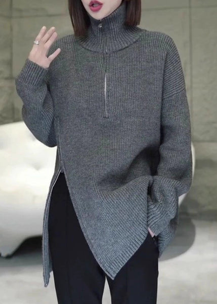 Women Grey Zip Up Asymmetrical Loose Knit Sweaters Spring YY003 ABC