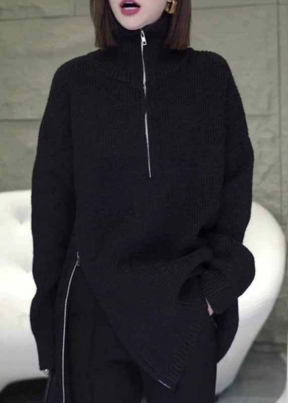 Women Grey Zip Up Asymmetrical Loose Knit Sweaters Spring YY003 ABC