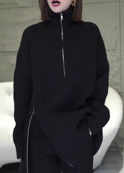 Women Grey Zip Up Asymmetrical Loose Knit Sweaters Spring YY003 ABC