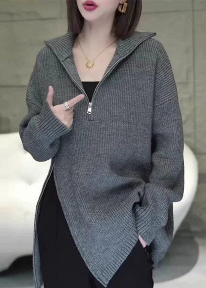 Women Grey Zip Up Asymmetrical Loose Knit Sweaters Spring YY003 ABC