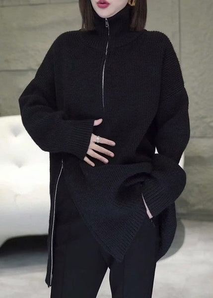 Women Grey Zip Up Asymmetrical Loose Knit Sweaters Spring YY003 ABC