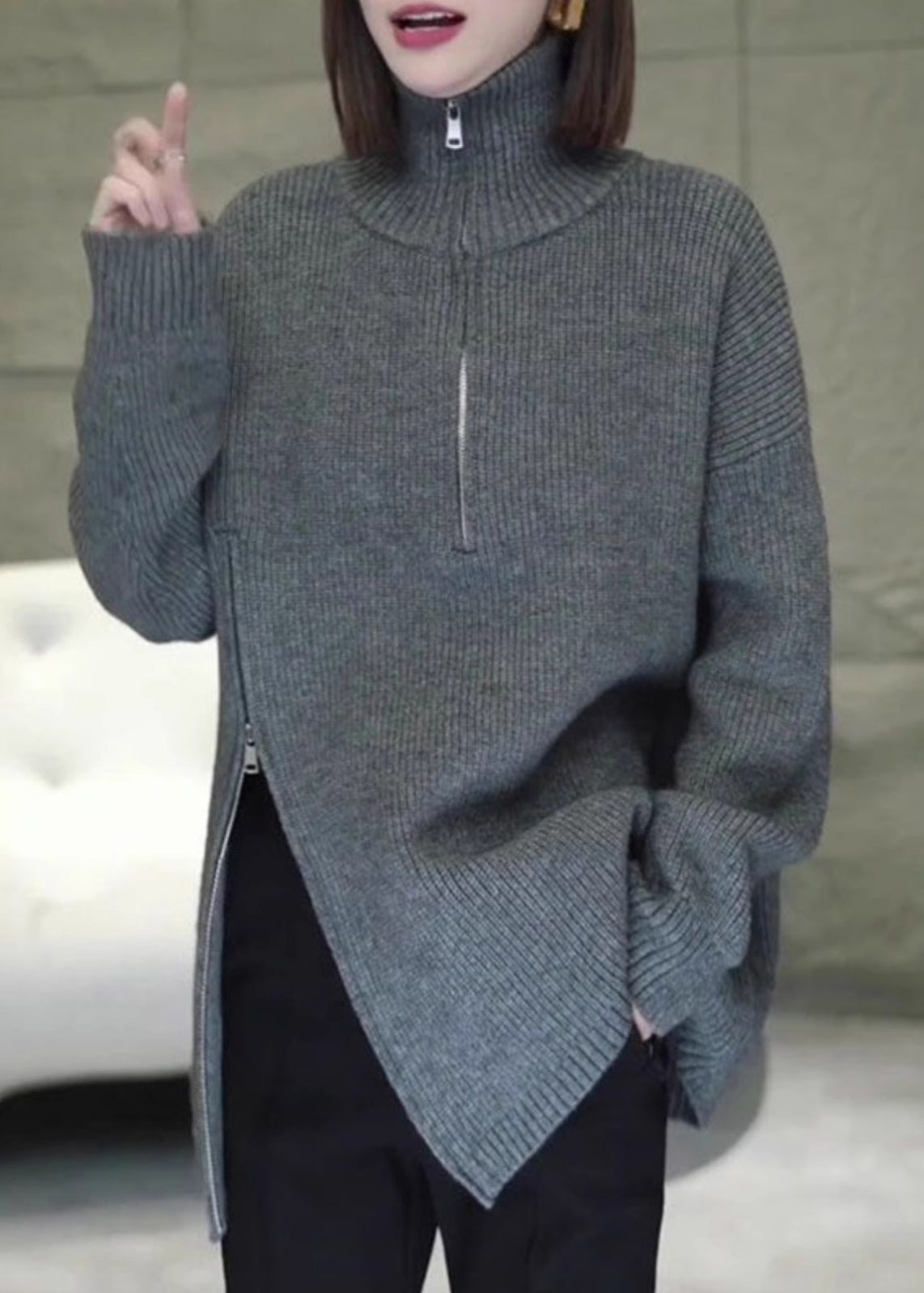 Women Grey Zip Up Asymmetrical Loose Knit Sweaters Spring YY003 ABC