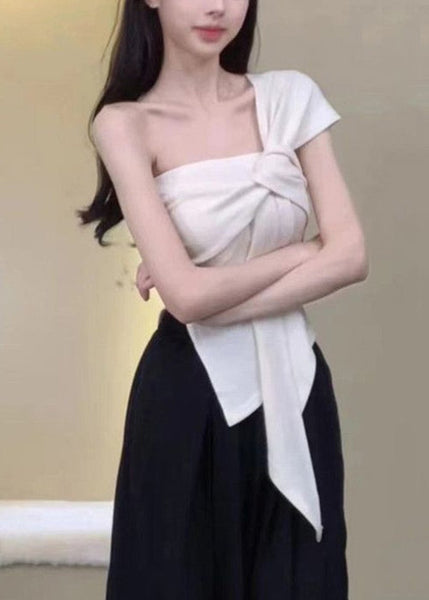 Women Khaki Asymmetrical One Shoulder Cotton T Shirt Sleeveless ZL023 SH-LF-STP240621