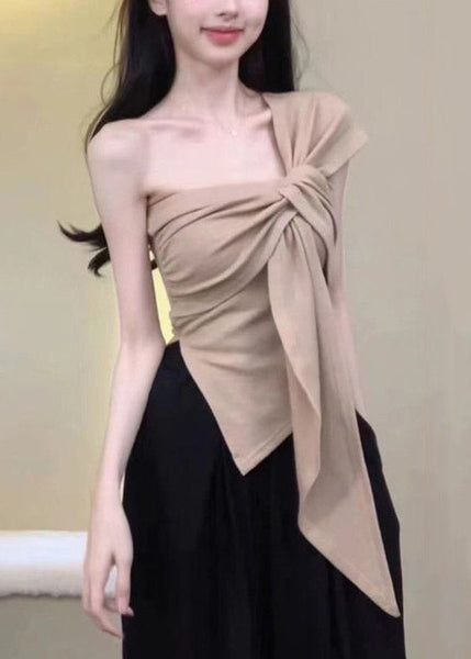 Women Khaki Asymmetrical One Shoulder Cotton T Shirt Sleeveless ZL023 SH-LF-STP240621