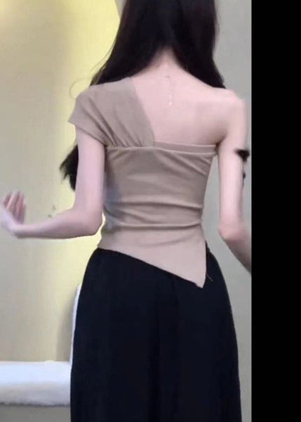 Women Khaki Asymmetrical One Shoulder Cotton T Shirt Sleeveless ZL023 SH-LF-STP240621