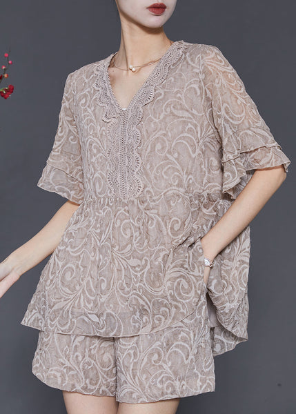 Women Khaki Jacquard Patchwork Lace Two Pieces Set Summer SD1080 Ada Fashion