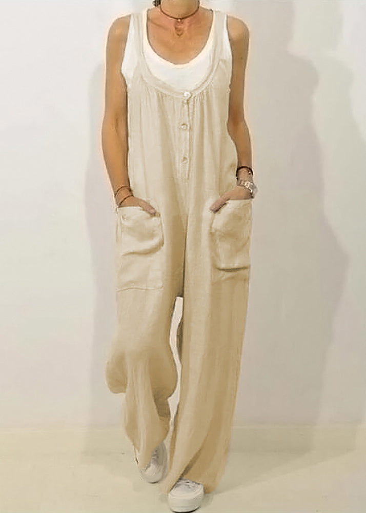 Solid Khaki Jumpsuits Button Women O-Neck Sleeveless FashionChic