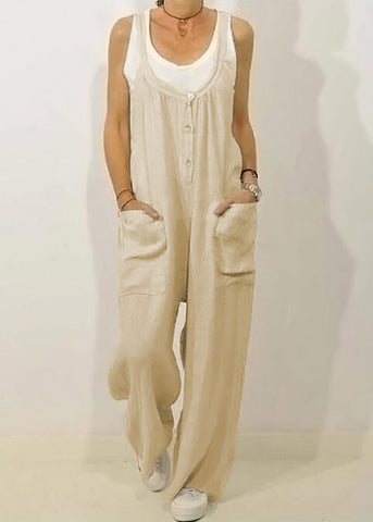 Solid Khaki Jumpsuits Button Women O-Neck Sleeveless FashionChic