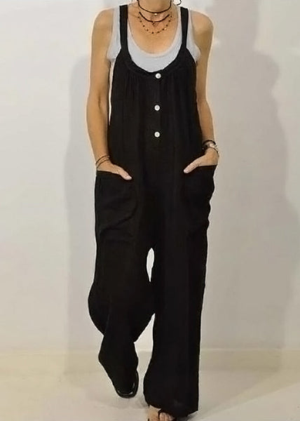 Solid Khaki Jumpsuits Button Women O-Neck Sleeveless FashionChic