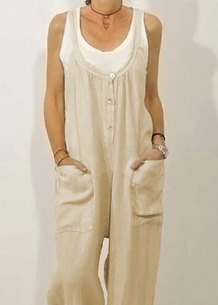 Solid Khaki Jumpsuits Button Women O-Neck Sleeveless FashionChic