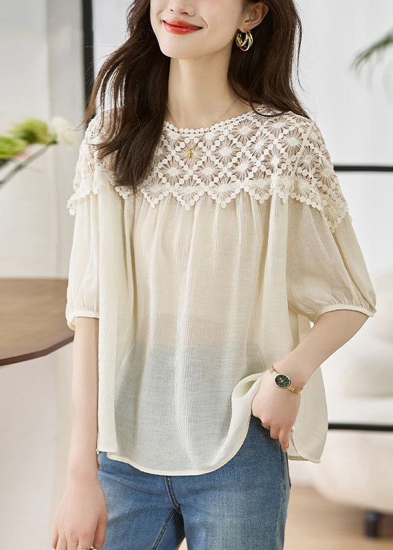 Women Khaki O Neck Lace Patchwork Cotton Top Lantern Sleeve TH033