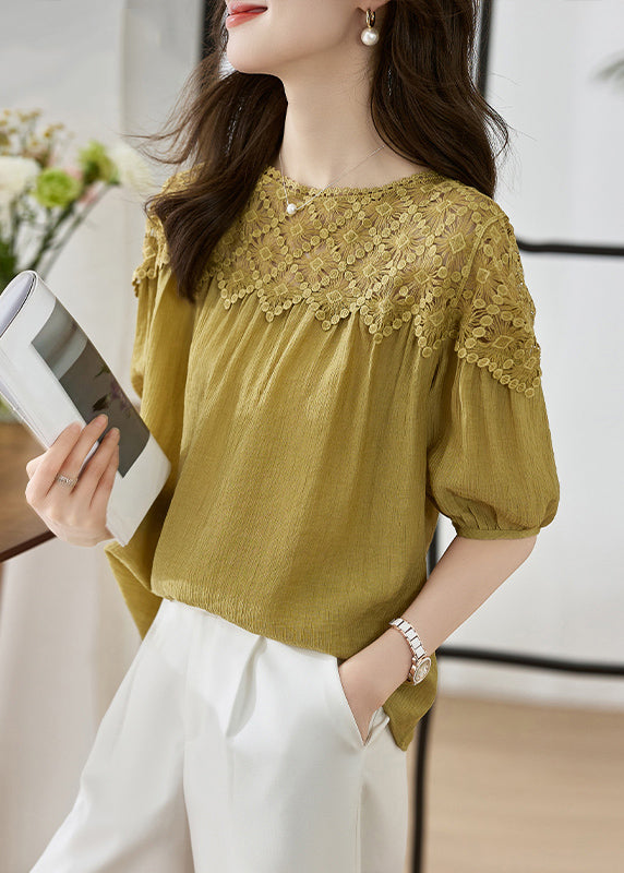 Women Khaki O Neck Lace Patchwork Cotton Top Lantern Sleeve TH033