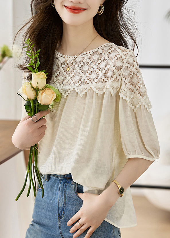 Women Khaki O Neck Lace Patchwork Cotton Top Lantern Sleeve TH033