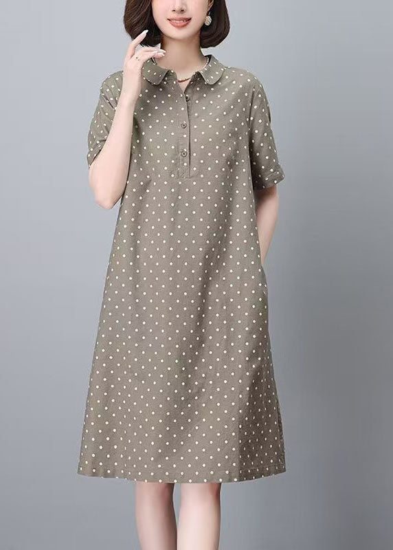 Summer Print Women Peter Work Dot Collar Khaki Dress Pan FashionChic