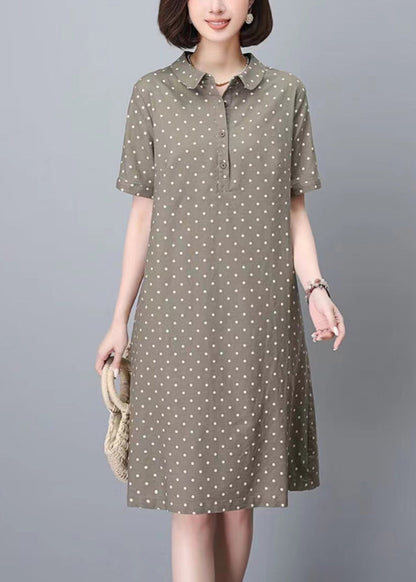 Women Dress Summer Work Peter Pan Dot Collar Print Khaki FashionChic