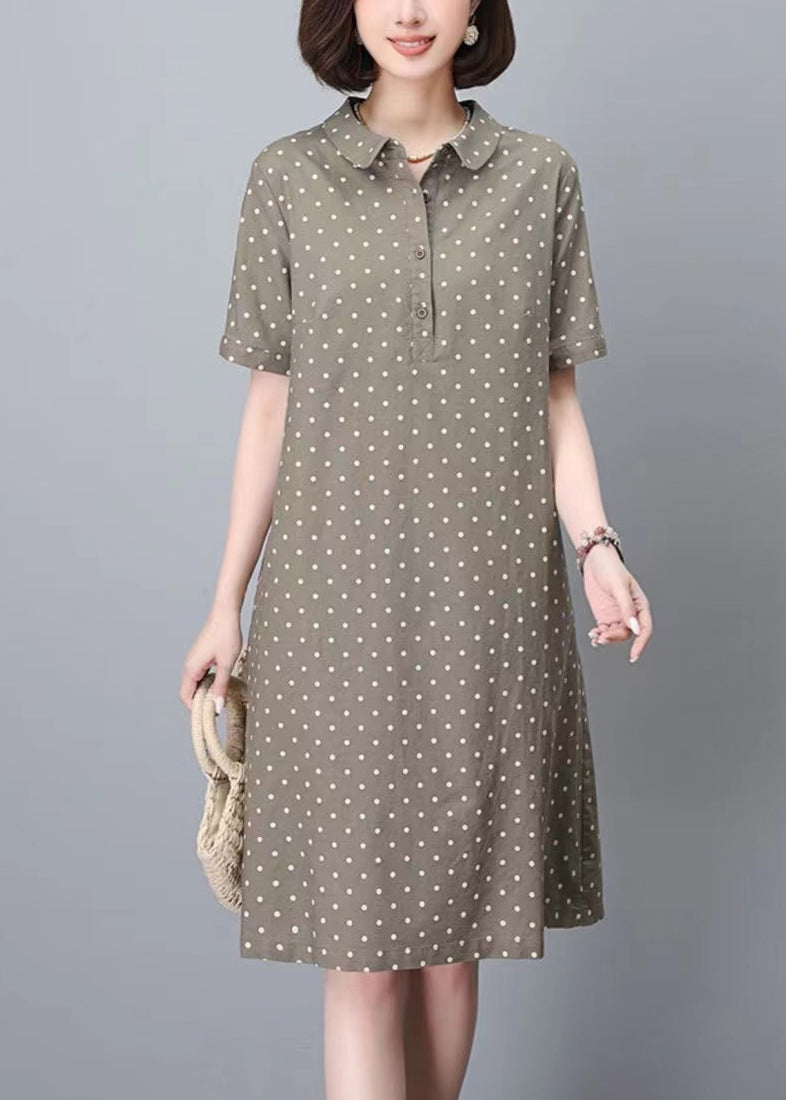 Summer Print Women Peter Work Dot Collar Khaki Dress Pan FashionChic