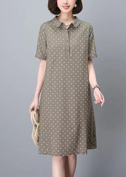 Women Dress Summer Work Peter Pan Dot Collar Print Khaki FashionChic