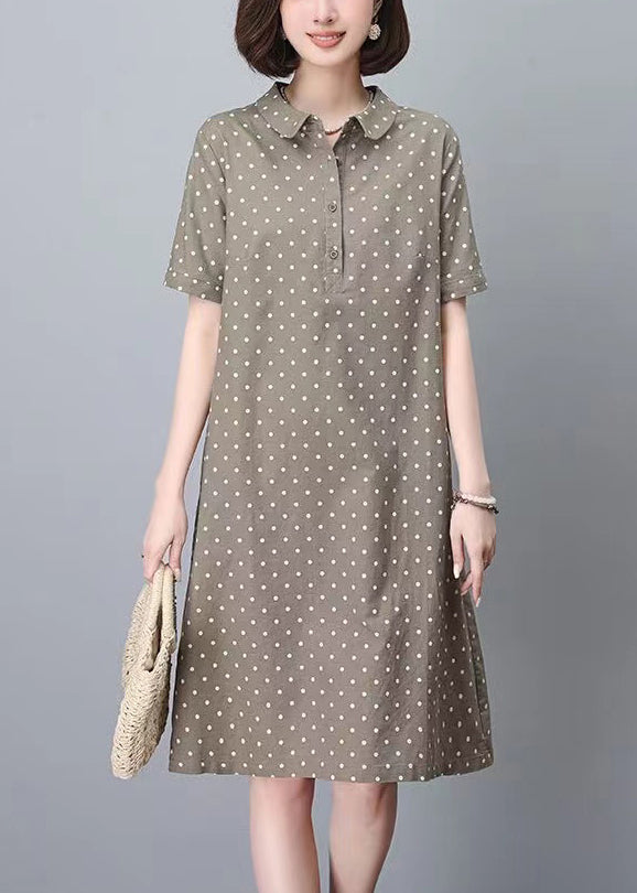 Women Dress Summer Work Peter Pan Dot Collar Print Khaki FashionChic