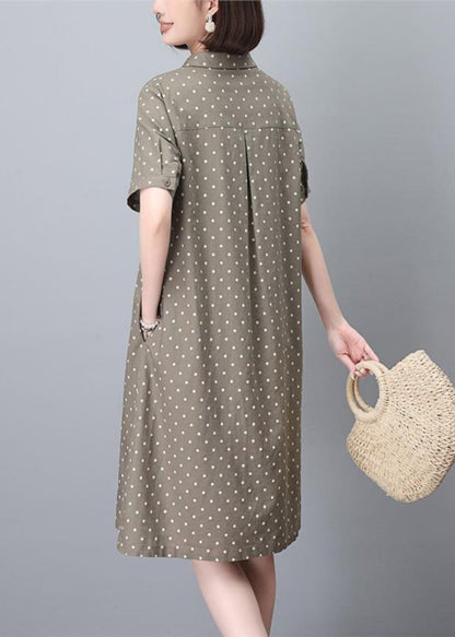Summer Print Women Peter Work Dot Collar Khaki Dress Pan FashionChic