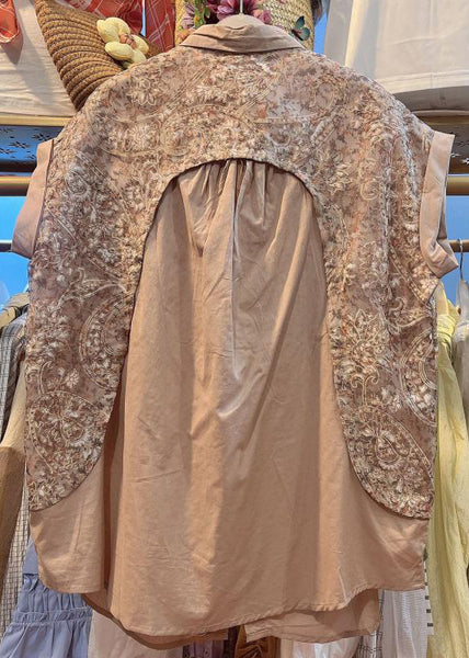 Women Khaki Peter Pan Collar Print Patchwork Cotton Shirt Top Summer BV049 MZF-STP240702