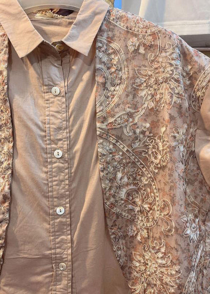 Women Khaki Peter Pan Collar Print Patchwork Cotton Shirt Top Summer BV049 MZF-STP240702