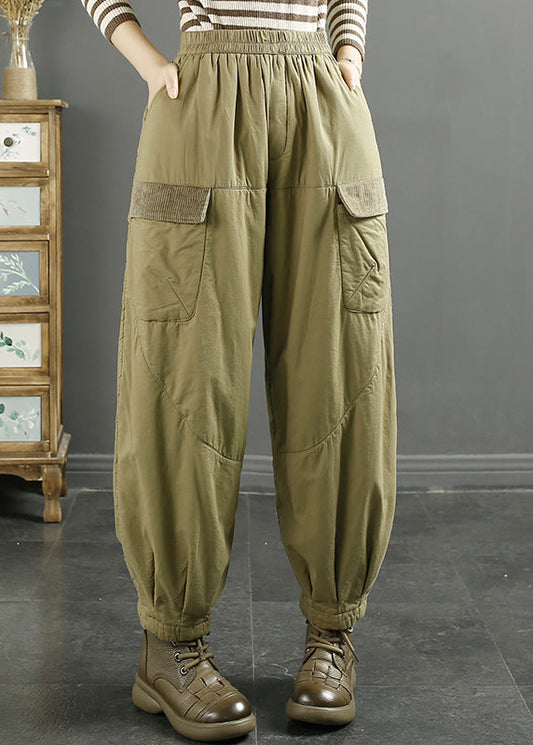 Women Khaki Pockets Elastic Waist Fine Cotton Filled Pants Winter RU016 ABC