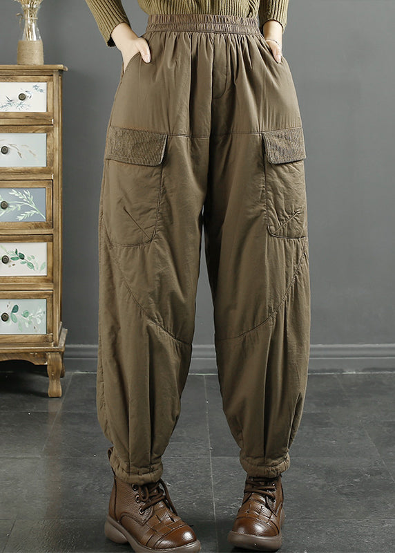 Women Khaki Pockets Elastic Waist Fine Cotton Filled Pants Winter RU016 ABC