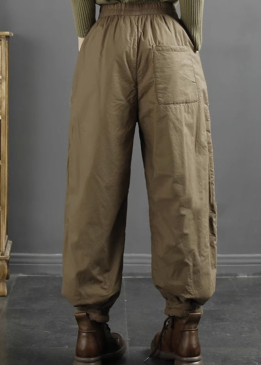 Women Khaki Pockets Elastic Waist Fine Cotton Filled Pants Winter RU016 ABC