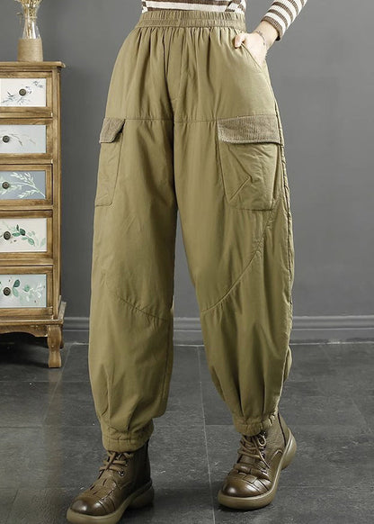 Women Khaki Pockets Elastic Waist Fine Cotton Filled Pants Winter RU016 ABC