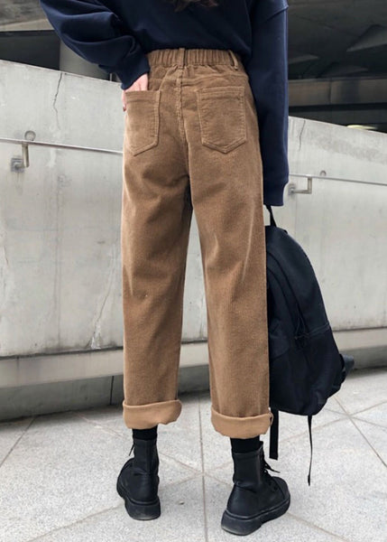 Women Khaki Pockets High Waist Warm Fleece Pants Fall TU032