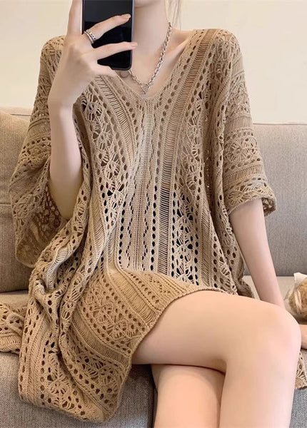 Half Tops Sleeve Knit Neck Hollow Khaki Out Women V FashionChic