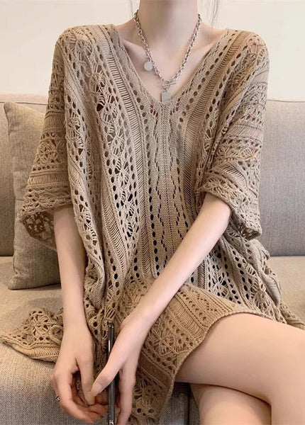 Tops Khaki Knit Half Sleeve V Neck Out Hollow Women FashionChic