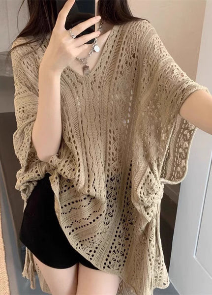 Half Tops Sleeve Knit Neck Hollow Khaki Out Women V FashionChic