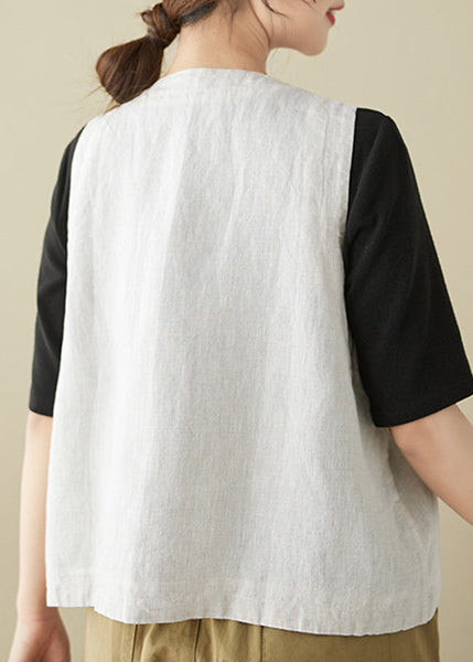 Women Khaki V Neck Horn Button Cotton Vest Sleeveless OO008 OM-CS240816