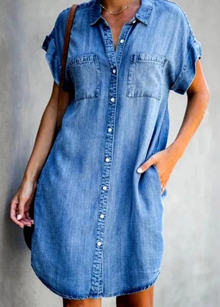 Dress Light Collar Peter Denim Pan Blue Button Shirt Mid Women FashionChic