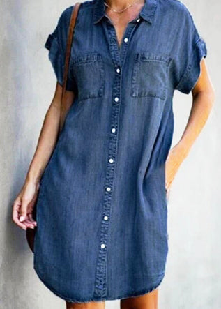 Dress Light Collar Peter Denim Pan Blue Button Shirt Mid Women FashionChic