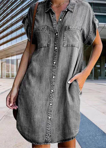 Dress Light Collar Peter Denim Pan Blue Button Shirt Mid Women FashionChic