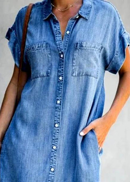 Dress Light Collar Peter Denim Pan Blue Button Shirt Mid Women FashionChic