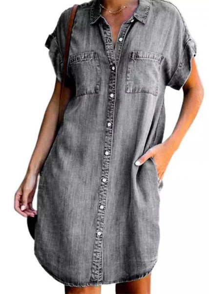 Dress Light Collar Peter Denim Pan Blue Button Shirt Mid Women FashionChic
