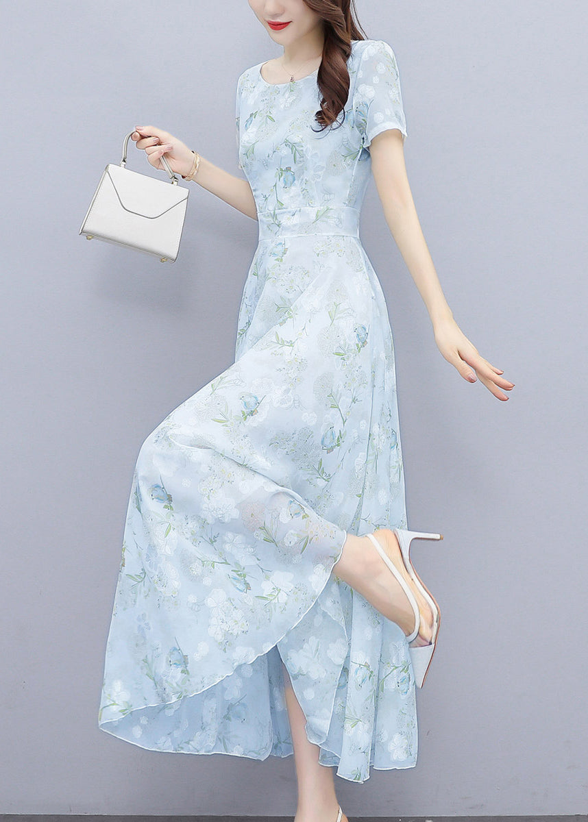 Women Light Blue Print Silm Fit Chiffon Long Dresses Summer OO024 OM-CS240814