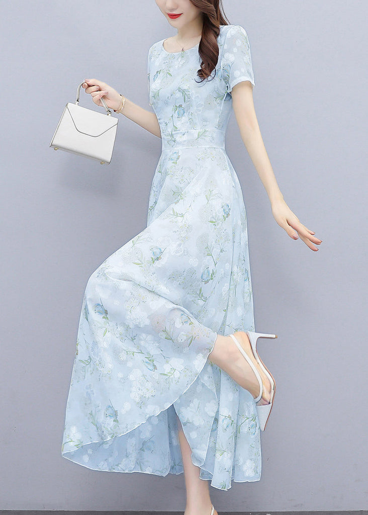 Women Light Blue Print Silm Fit Chiffon Long Dresses Summer OO024 OM-CS240814