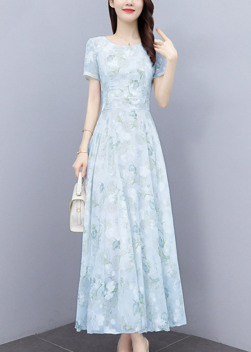 Women Light Blue Print Silm Fit Chiffon Long Dresses Summer OO024 OM-CS240814