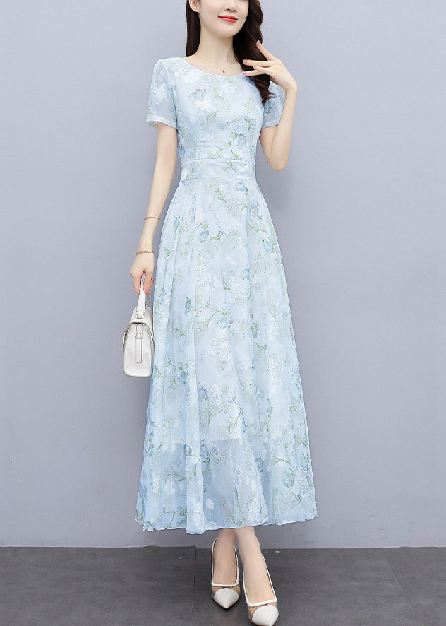 Women Light Blue Print Silm Fit Chiffon Long Dresses Summer OO024 OM-CS240814