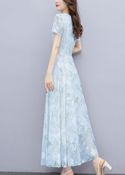 Women Light Blue Print Silm Fit Chiffon Long Dresses Summer OO024 OM-CS240814