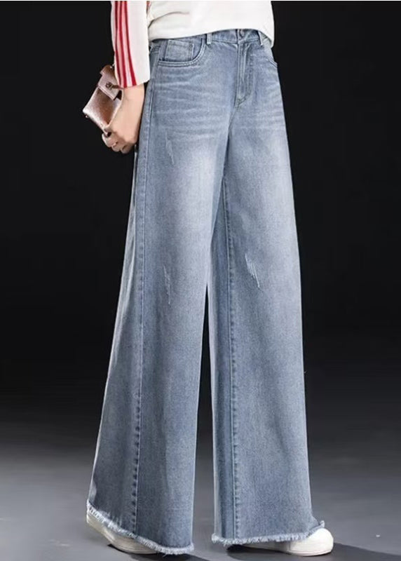 Blue Summer Light Tasseled Women Straight Pants Denim FashionChic